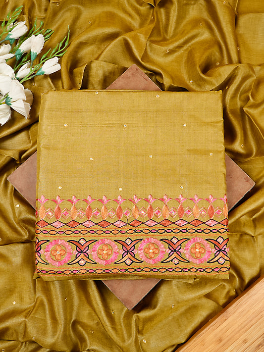 Green Pure Tussar Silk Suit Set with Multicolour Aari Work