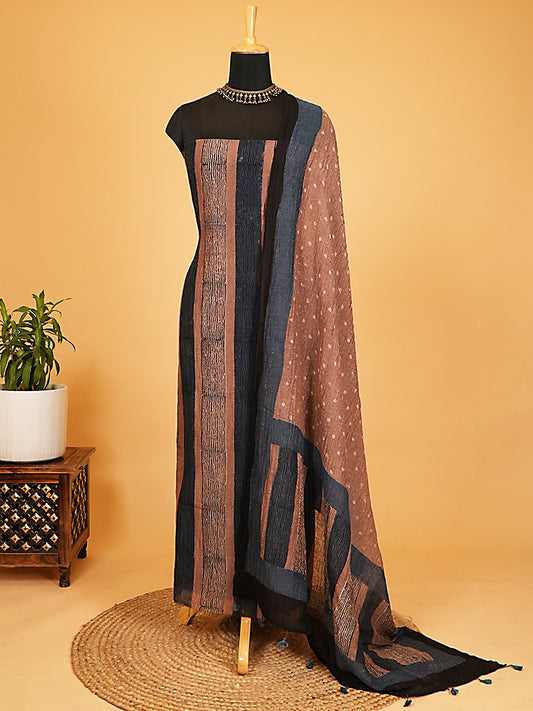 Earthy Mocha & Indigo Broad Stripe Organic Ajrakh Crushed Linen Silk 2-Pc Suit Set