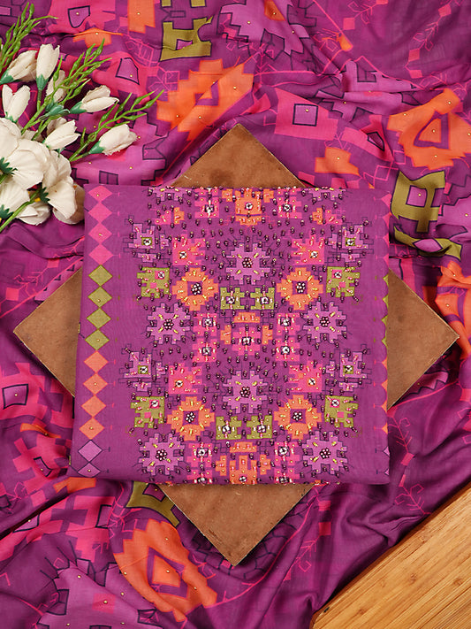 Purple Pure Muslin Geometric Printed & Beadwork Suit Set