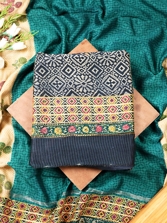 Dark Blue Maheshwari Silk Suit with Multicolour Floral Border
