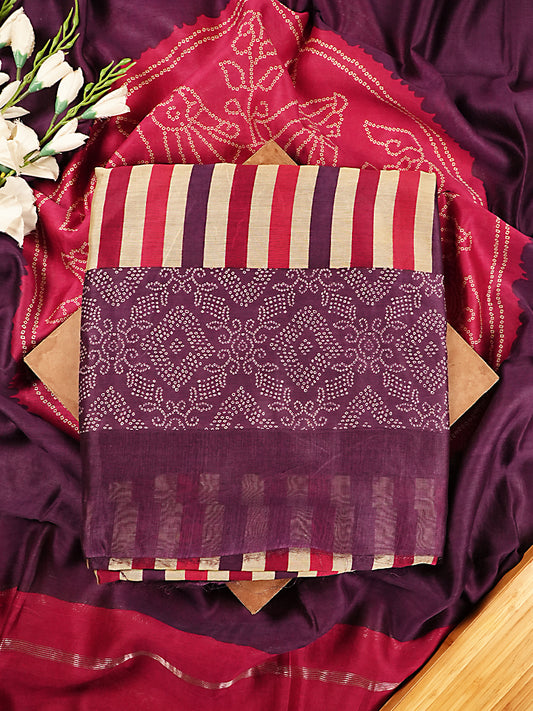 Purple & Magenta Striped Maheshwari Silk Bandhej Suit Set
