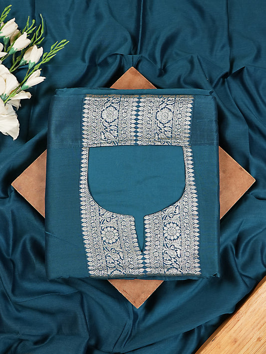 Deep Teal Chiniya Silk Silver Banarasi Woven Suit Set
