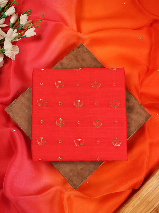 Red Zari Embroidered Mul Chanderi Suit Set with Orange-Pink Ombre Dupatta