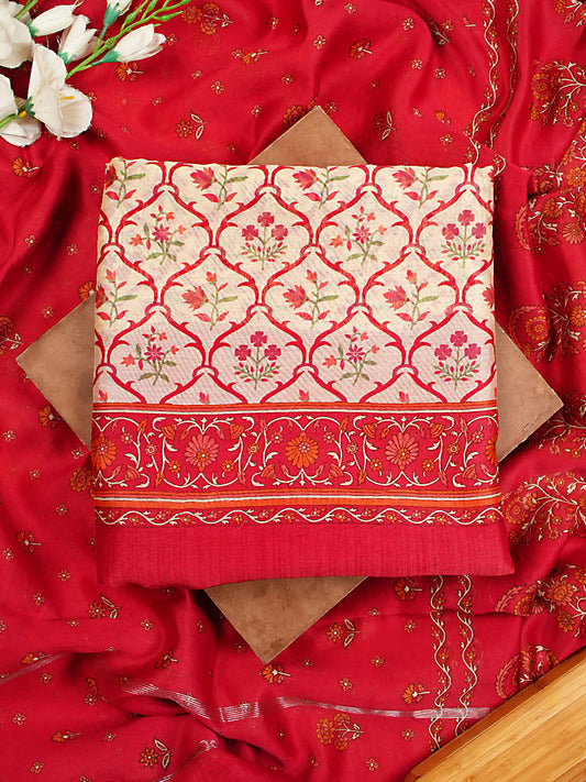 Cream & Red Maheshwari Silk Jaal Print Suit Set