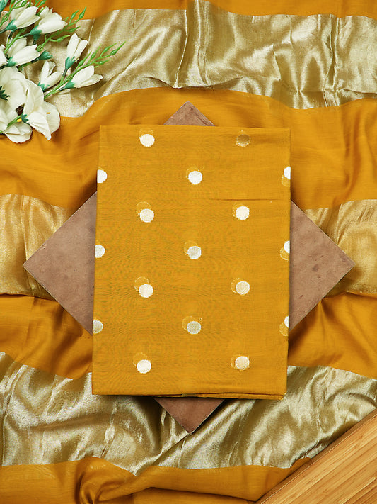 Yellow Pure Mul Chanderi Suit with Polka-Style Banarasi Weaving