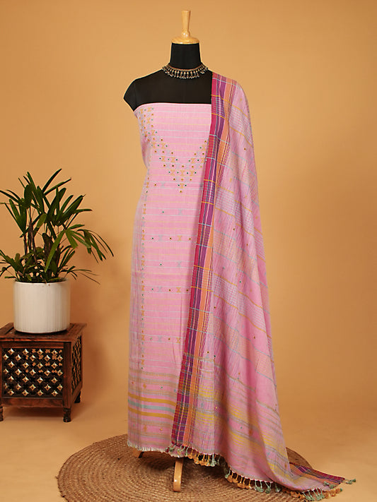 Pastel Pink Kala Cotton Bhujodi Weaving Suit Set
