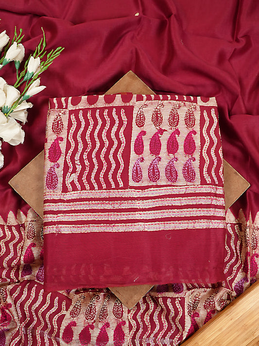 Deep Red Maheshwari Silk Printed Suit Set