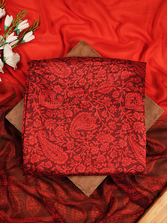 Crimson Red Paisley Printed Dupion Silk Suit Set