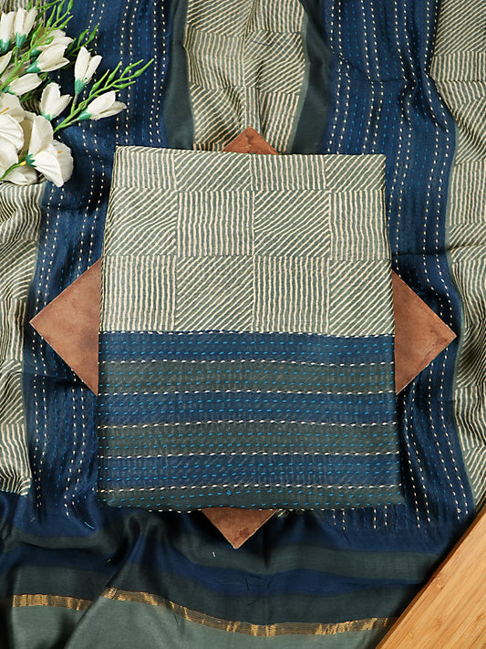 Navy Blue and Steel Grey Maheshwari Silk Suit Set