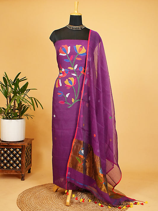 Purple Muslin Multicolour Jamdani 2-Piece Suit Set