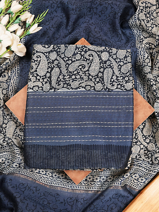 Classic Midnight Blue Paisley Maheshwari Silk Suit Set