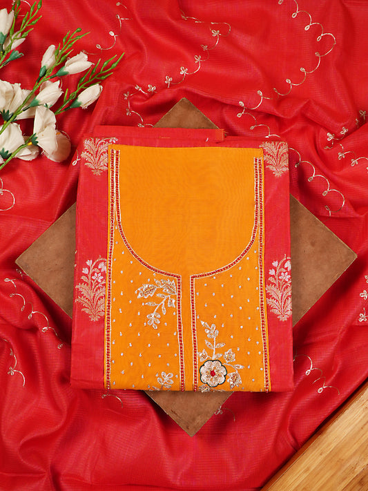Vibrant Red & Mustard Chanderi Silk Hand Embroidered Suit Set