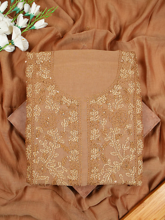 Light Brown Soft Mul Chanderi Kantha Stitch Suit Set