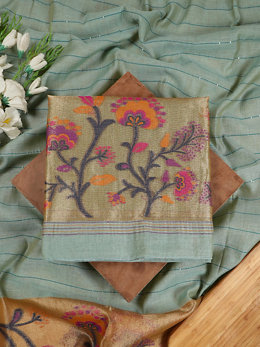 Sage Green Chanderi Silk Jamdani Suit Set with Sequin-Woven Dupatta