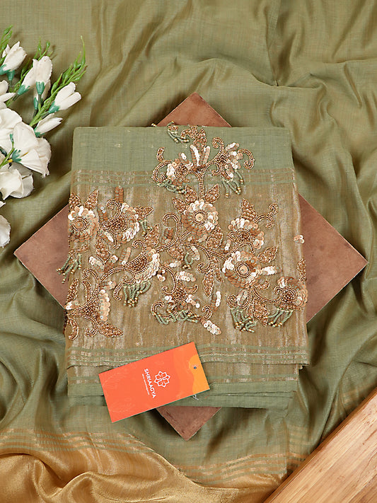 Sage Green Chanderi Silk Embroidered Suit Set with Tissue Hem