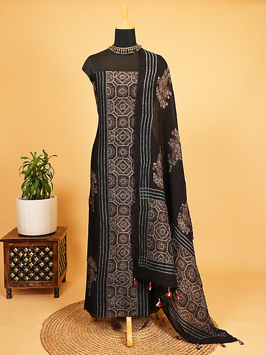 Black Geometric Organic Ajrakh Crushed Linen Silk 2-Pc Suit Set