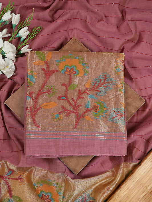 Mauve Pink Chanderi Silk Jamdani Suit Set with Sequin-Woven Dupatta