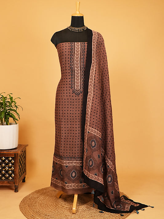 Walnut Brown Ajrakh Linen Silk 2Pc Suit Set