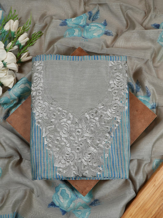 Grey & Blue Striped Chanderi Silk Embroidered Suit Set