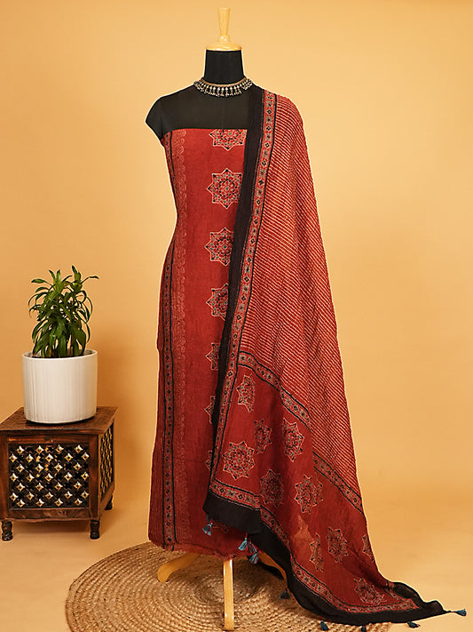 Maroon & Black Organic Ajrakh Crushed Linen Silk 2-Pc Suit Set