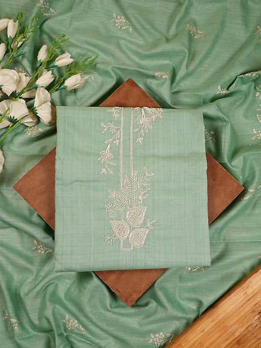 Sage Green Chanderi Silk Hand Embroidered Suit Set with Lace Details