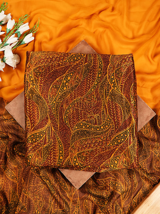 Rust Brown & Mustard Printed Dupion Silk Suit Set