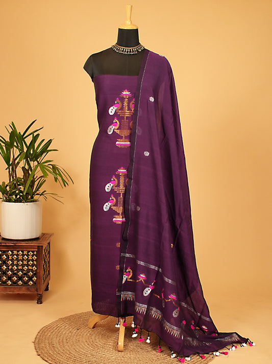 Wine Handloom Cotton Needle Jamdani Weaving 2-Piece Suit Set