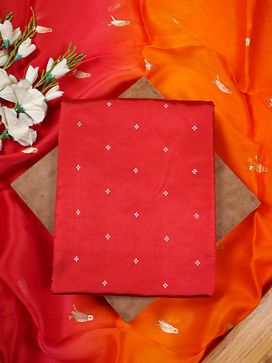 Crimson Red Pure Katan Silk Banarasi Suit Set with Shaded Kora Silk Bird Motif Dupatta