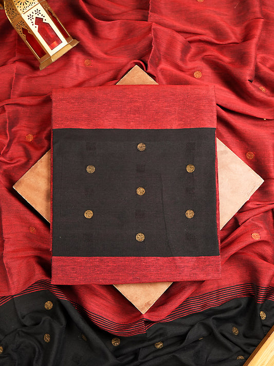 Red Jayshree Linen Jamdani Suit with Black Contrast Border