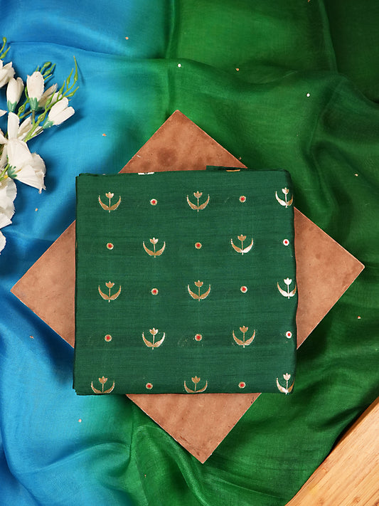 Bottle Green Zari Embroidered Mul Chanderi Suit Set with Ombre Dupatta