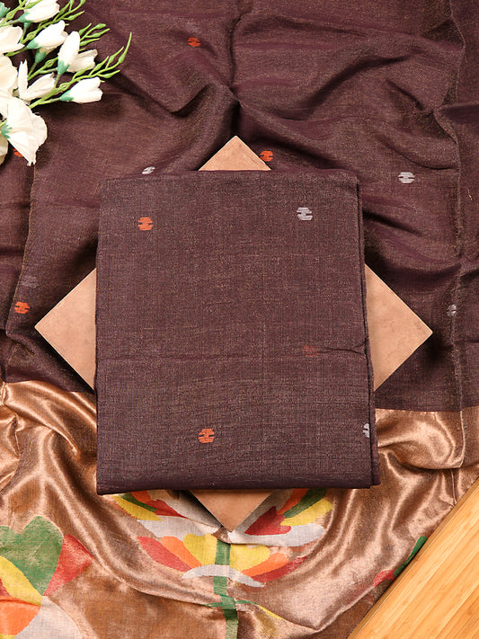 Brown Linen Tissue Jamdani Weaving Suit Set