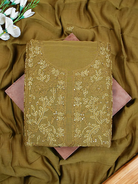 Olive Green Soft Mul Chanderi Kantha Stitch Suit Set