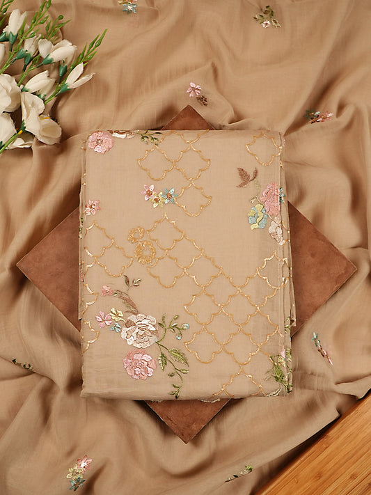 Light Brown Pure Mul Chanderi Floral Suit Set