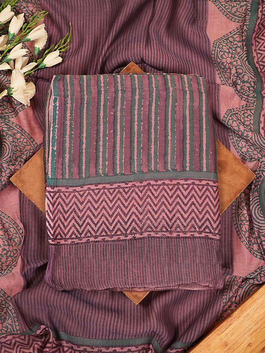 Dusky Mauve & Teal Striped Mul Chanderi Suit Set