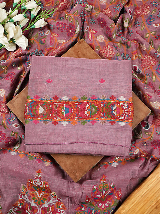 Onion Pink Chanderi Silk Suit Set with Multicolour Jamdani Weaving