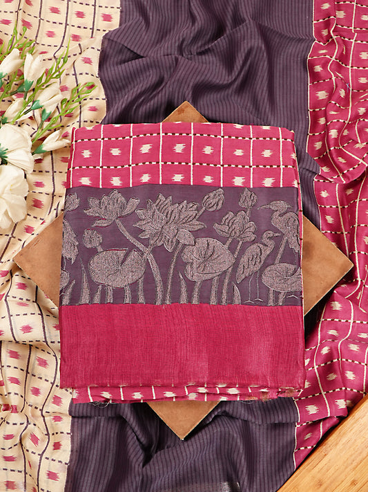 Berry Pink & Charcoal Maheshwari Silk Square Print Suit Set