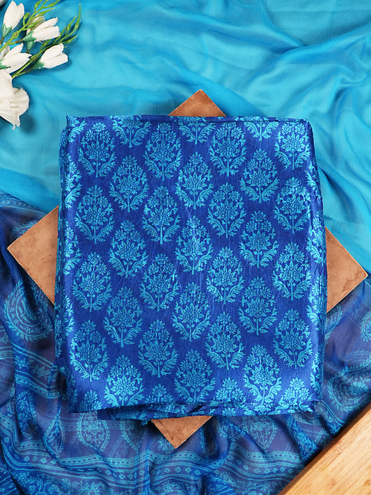 Royal Blue & Turquoise Printed Dupion Silk Suit Set