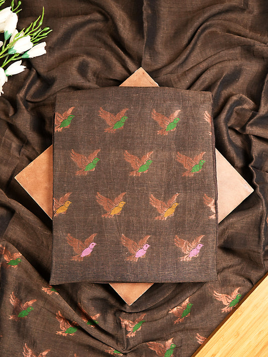 Brown Jayshree Linen Jamdani Suit with Multicolour Bird Motifs