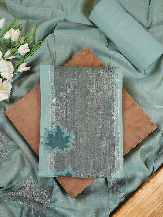 Dusty Blue Chanderi Silk Jamdani Suit Set with Silver Zari