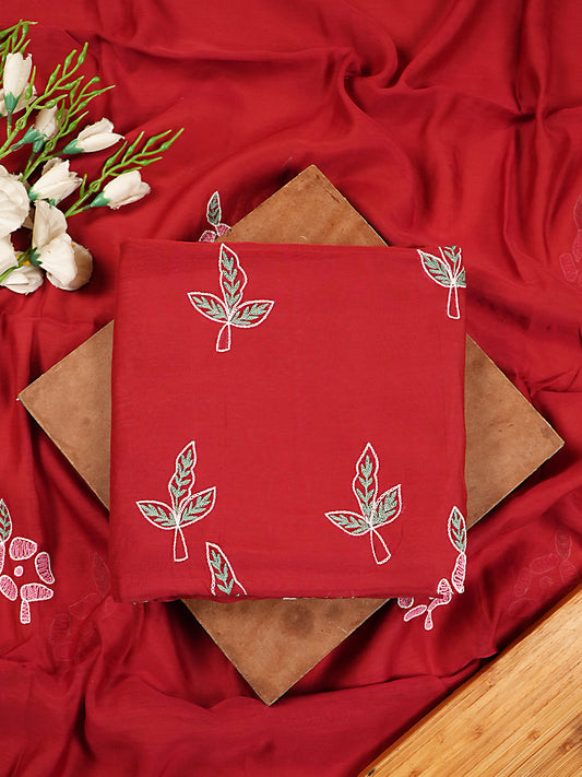 Ruby Red Mul Chanderi Floral Threadwork Embroidered Suit Set
