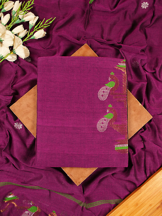 Purple Handloom Cotton Needle Jamdani Weaving 2-Piece Suit Set