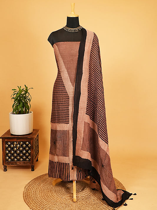 Dusty Rose Geometric Organic Ajrakh Crushed Linen Silk 2-Pc Suit Set