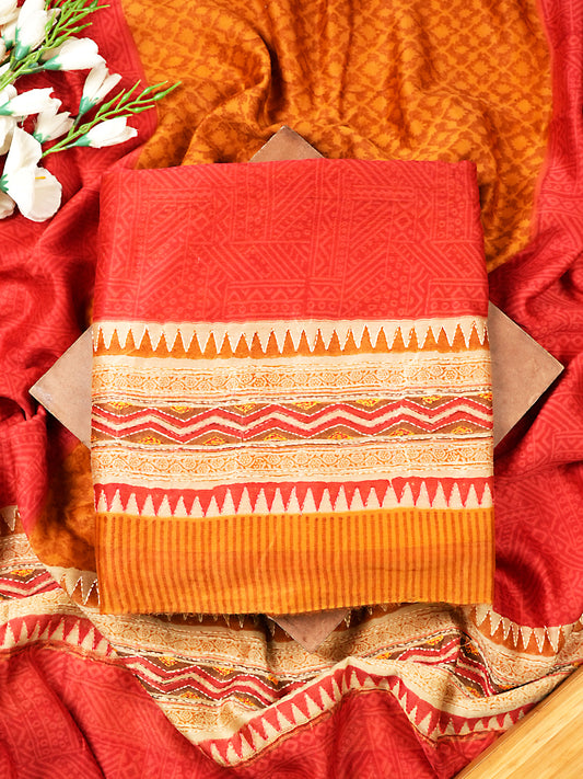 Red Maheshwari Silk Suit Set With Kantha Detailing