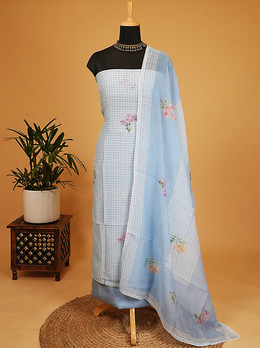 Light Blue Gingham Mul Chanderi Floral Suit Set