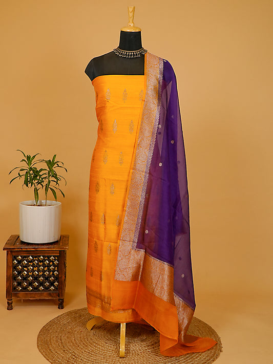 Vibrant Mustard Yellow Pure Raw Silk Kadwa Banarasi Suit Set with Purple Kora Silk Dupatta