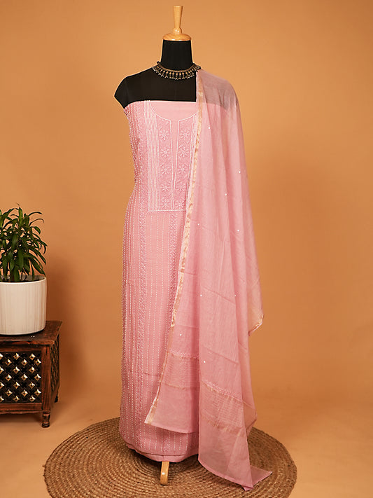 Pastel Pink Mul Chanderi Lakhnavi Suit Set with Pearl & Thread Work