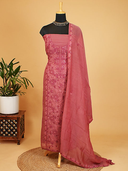 Magenta Soft Mul Chanderi Kantha Stitch Suit Set