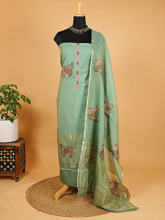 Sea Green Mul Chanderi Suit Set with Butterfly Embroidery