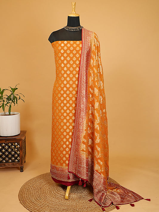 Vibrant Mustard Yellow & Red Pure Khaddi Georgette Banarasi Suit Set