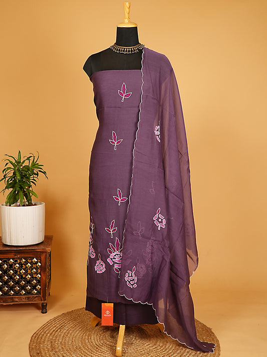 Deep Plum Purple Mul Chanderi Floral Threadwork Embroidered Suit Set